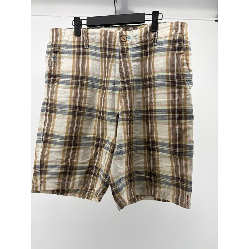 Tommy Bahama "Relax" Brown Plaid Linen Men's Casual Beach‎ Shorts, Men's Size 32
